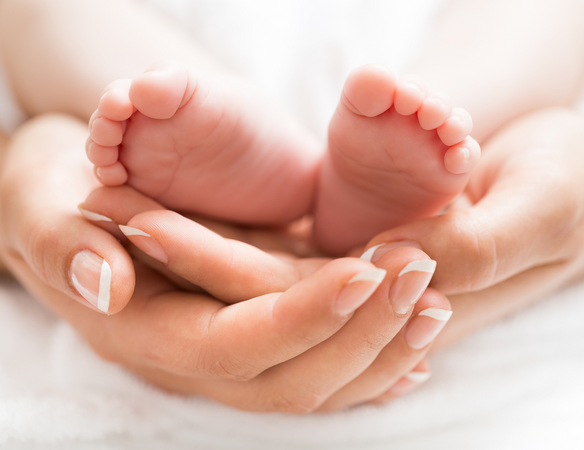 Mother's hands holding tiny baby feet